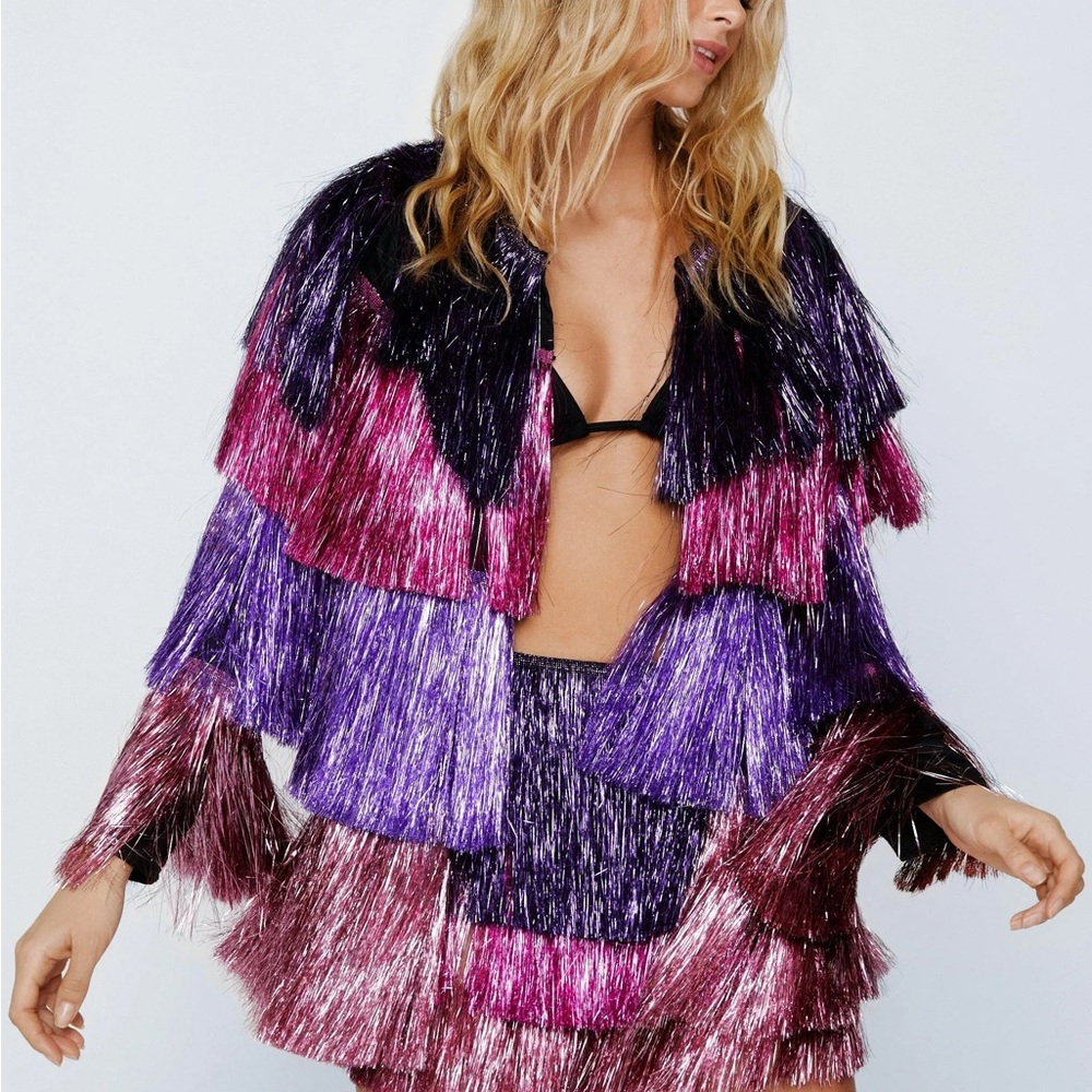 Nasty Gal Purple and Pink Fringe Jacket and Skirt Set